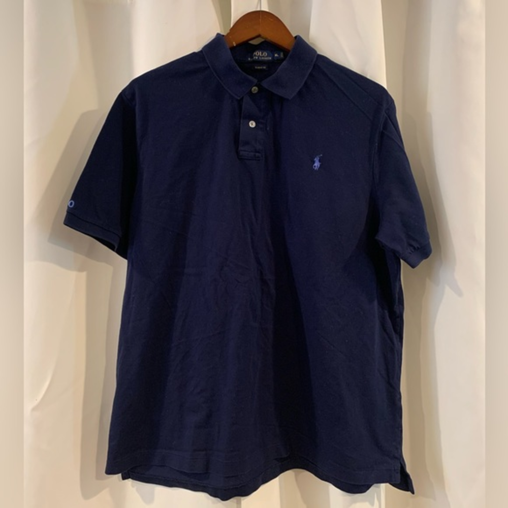 RALP LAUREN Mens Cotton Blue Polo Shirt‎ XL  Button Classic Fit Solid Stretch